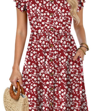 Fantaslook Women Summer Dresses V Neck Ruffle Sleeve Casual Flowy Sundresses Button Floral Midi Dress with Pockets