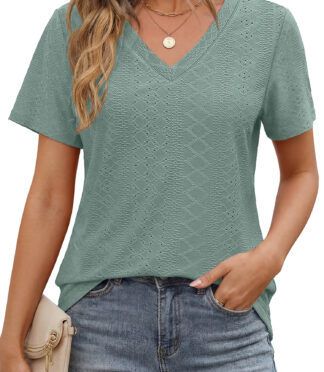 Fantaslook Eyelet Womens Tops Short Sleeve Dressey Casual Blouses V Neck Work Shirts Summer Basic Tees