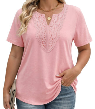Fantaslook Lace Plus Size Tops for Women V Neck Short Sleeve Blouses Summer Tunic Shirts