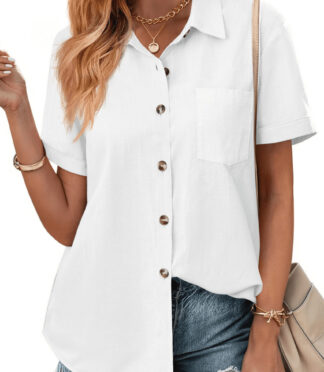 Fantaslook Womens Button Down Shirts Lapel Short Sleeve Shirt Collared Pocketed Casual Blouses Summer Tops