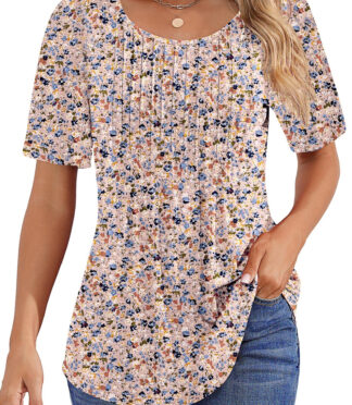 Fantaslook Blouses for Women Pleated Short Sleeve Tunic Tops Dressy Casual Summer Shirts