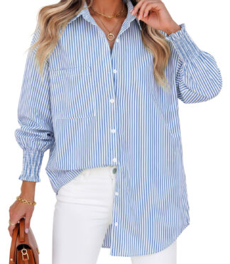 Fantaslook Striped Button Down Shirts for Women Smocked Cuffed Trendy Blouse Causal Long Sleeve Tops with Pocket