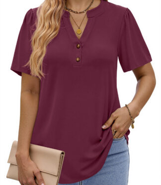 Fantaslook V Neck Henley Blouses for Women Dressy Casual Tops Summer Short Sleeve Shirts Fashion Clothes