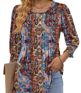 Fantaslook Pleated Blouses for Women Dressy Casual 3/4 Sleeve Womens Tops with Smocked Cuffs Summer Fall Shirts
