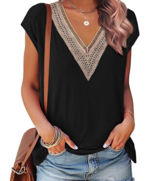 Fantaslook Lace Womens Blouses Cap Sleeve V Neck T Shirts for Women Summer Casual Tops