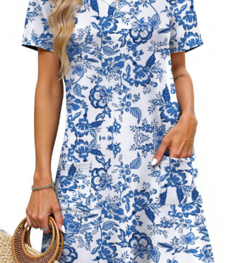 Fantaslook Summer Dresses for Women V Neck Short Sleeve Casual T Shirt Dress Beach Sundresses with Pockets
