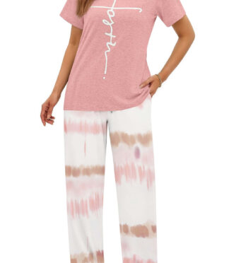Fantaslook Womens Pajamas Sets Crewneck Short Sleeve Printed 2 Piece Outfits Set Tie Dye Casual Loungewear with Pockets