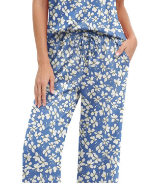Fantaslook Flower Womens Pajamas Sets Two Piece Casual Lounge Sets Ruffle Sleeve Tops Wide Leg Pants with Pockets Summer Sleepwear Travel Outfits