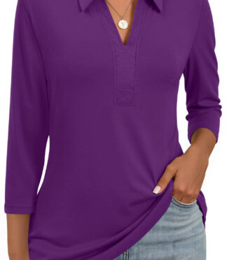 Fantaslook Womens Polo Shirts Business Casual 3/4 Sleeve Tops V Neck Dressy Work Blouses Office Clothes