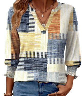 Fantaslook 3/4 Sleeve Womens Tops Dressy Casual Blouses V Neck Work Shirts Trendy Tops with Smocked Cuffs