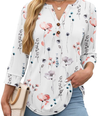 Fantaslook Womens Blouses 3/4 Sleeve V Neck Henley Shirts Dressy Casual Tops Summer Fall Fashion Clothes