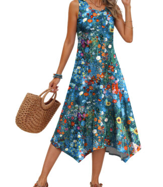 Fantaslook Floral Tank Dresses for Women Flowy Sleeveless Asymmetrical Hem Dress Beach Sundress with Pockets