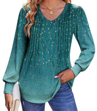 Fantaslook Long Sleeve Shirts for Women Fall Tops Dressy Casual Blouses Pleated V Neck Tunic Tops